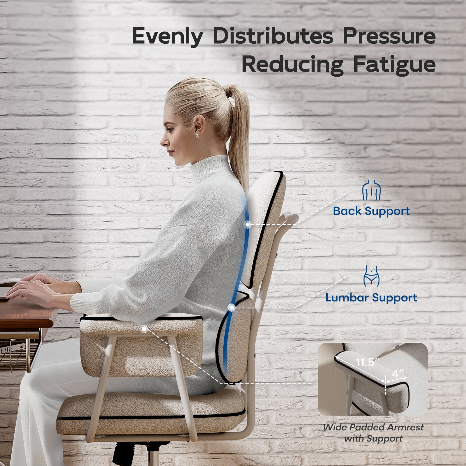 HomeZeer Executive Mid Century Modern Office Chair, White Linen Fabric with Memory Foam Wide Seat, Split Back, Padded Arms & Adjustable Height, Vintage Desk Chair for Home Office, Wheels Included