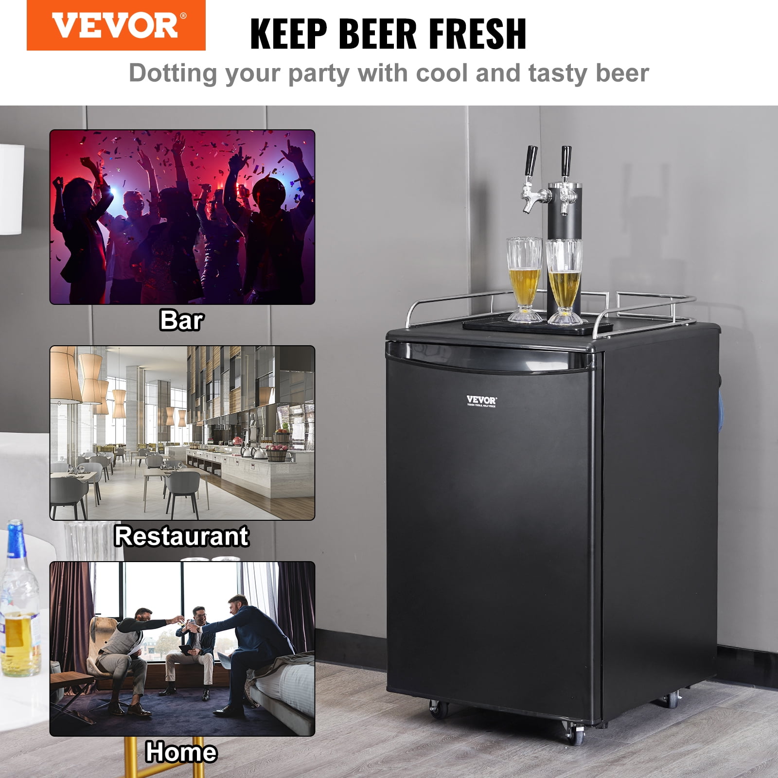 VEVOR Beer Kegerator, Dual Tap Draft Beer Dispenser, Full Size Keg Refrigerator with CO2 Cylinder, Shelves, Drip Tray & Rail, 32°F- 50°F Temperature Control, Hold 1/6, 1/4, 1/2 Barrels, Black