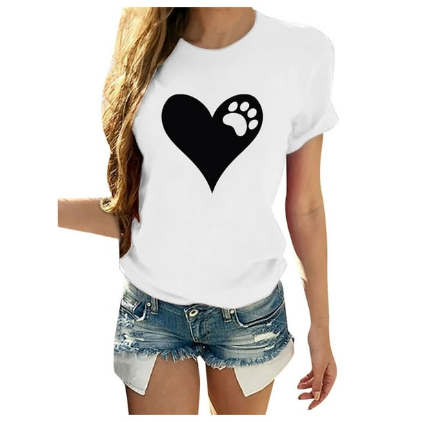Gibobby Blusa Casual Para Mujer Tops Mangas estampadas Blusa informal Mujer O-cuello Camiseta corta en forma de corazón Blusa de mujer(Blanco, XL)
