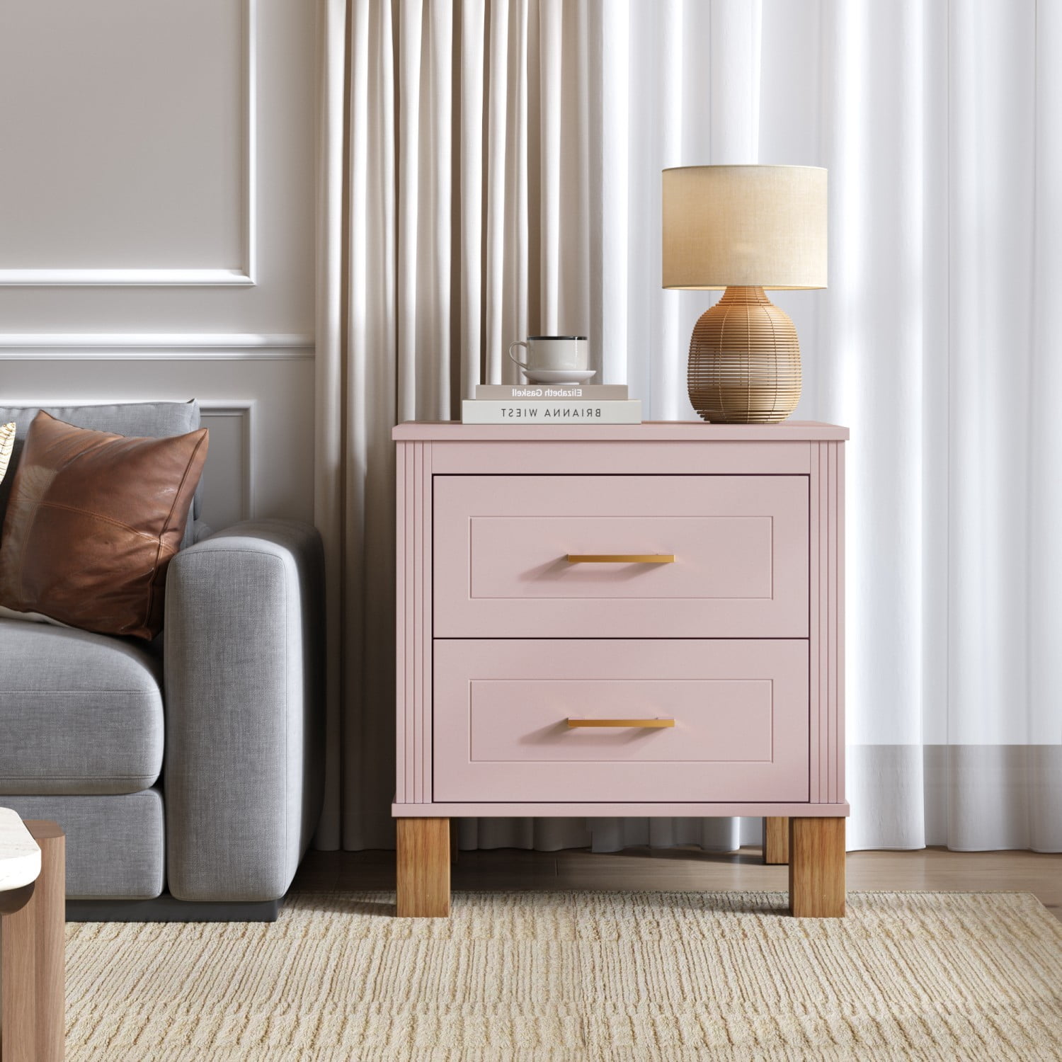 2 Drawer Nightstand with Solid Wood Legs, Fluted Bedside Table with Metal Handles, Tall Wood End Table Storage Cabinet for Bedroom, Living Room, Pink