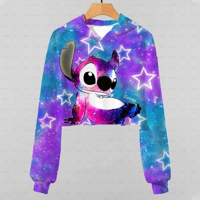 2022 nueva Sudadera con capucha corta con estampado de dibujos animados de Disney Stitch para niñas, sudadera con capucha para niñas, sudadera informal nueva de primavera y otoño 150 heqiyong CONDUJO