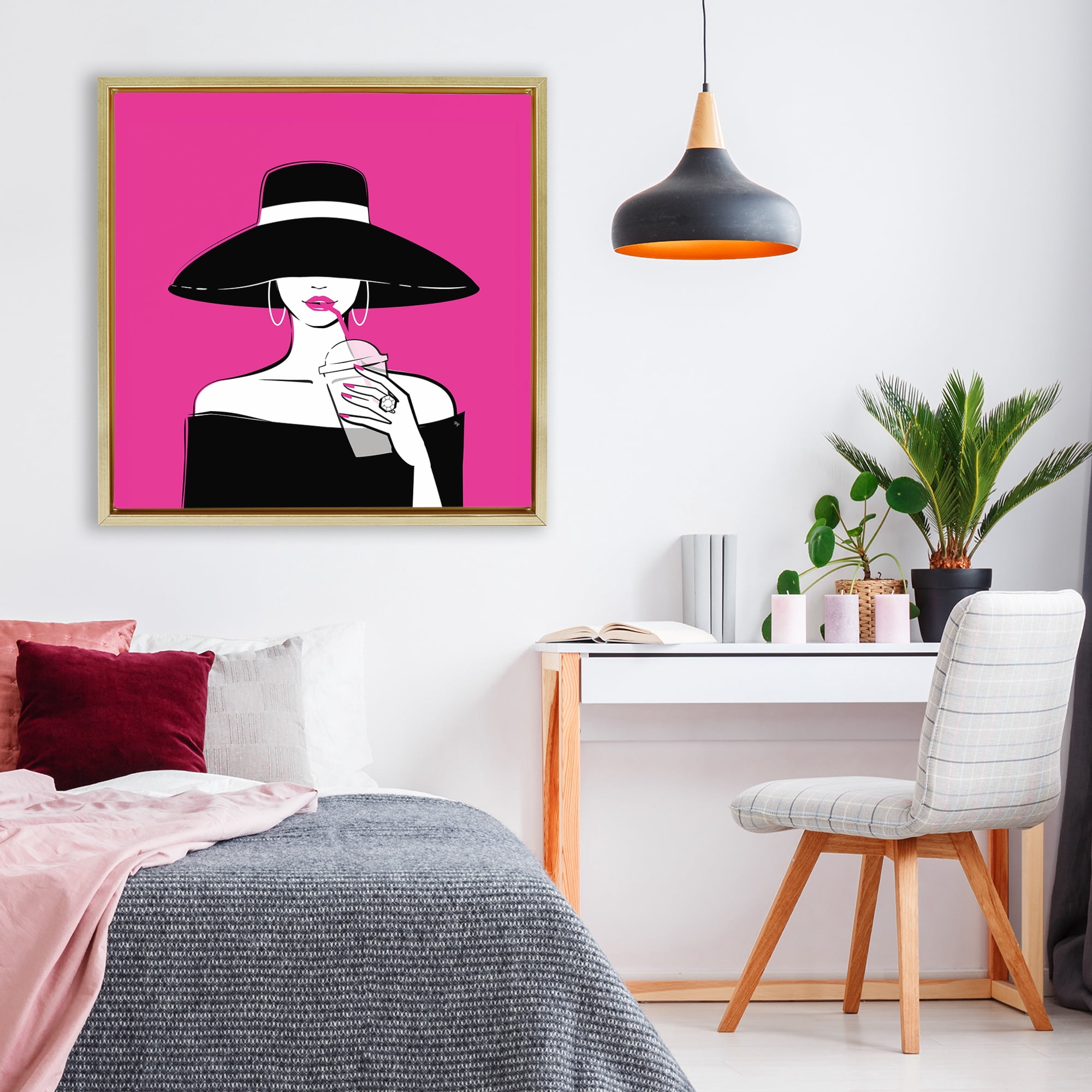 Stupell Industries Black Hat Glamourous Woman Gold Framed Floater Canvas Wall Art, design by Martina Pavlova