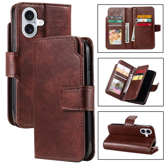 Wallet Case for iPhone 17,[9 Card Holders & 2 Cash Pocket] RFID Blocking Premium PU Leather Magnetic Flip Kickstand Folio Case Durable TPU Shell Protective Luxury Cover - Brown