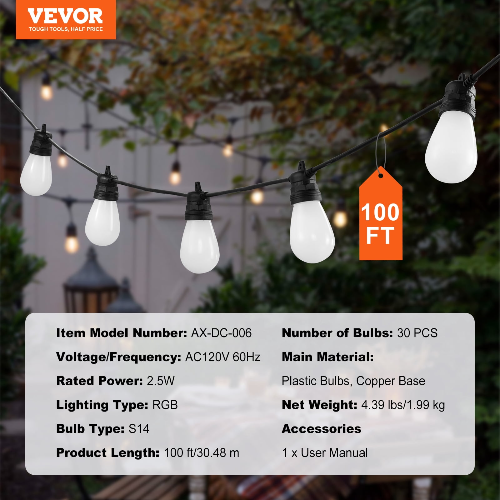 VEVOR RGB Outdoor String Lights, 100FT, Outside Patio Lights with APP Control 30 Bulbs, 15 Single-Color Adjustable Brightness Time Setting, Waterproof Hanging Lights for Halloween Decoration
