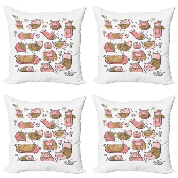 Doodle Throw Pillow Cushion Case Pack of 4, Graphic of Zentangle Ornaments on Pigs with Flowers, Modern Accent Double-Sided Print, 4 Sizes, Coral Blush, by Ambesonne