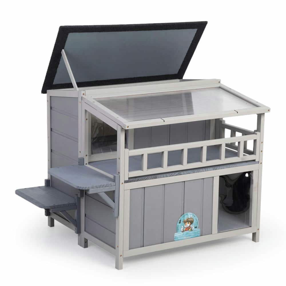 Yardi Yarda 2-Tier Wooden Cat House & Enclosure with Jumping Platforms and Play Run, Waterproof Outdoor Cat Cage with Fringe Curtains and Roof, Gray