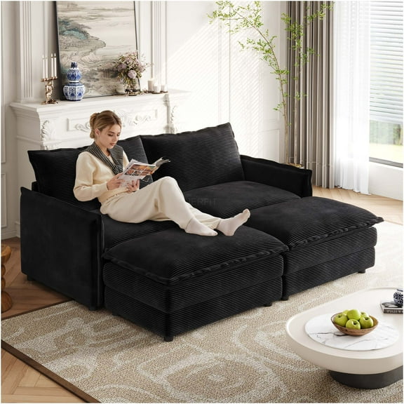 JERFIT Modern 4-Seat Cloud Couch Set with Ottomans, Oversized Corduroy Recliner Sofa for Living Room, Deep Seat Upholstered Sectional with Cushions, Black