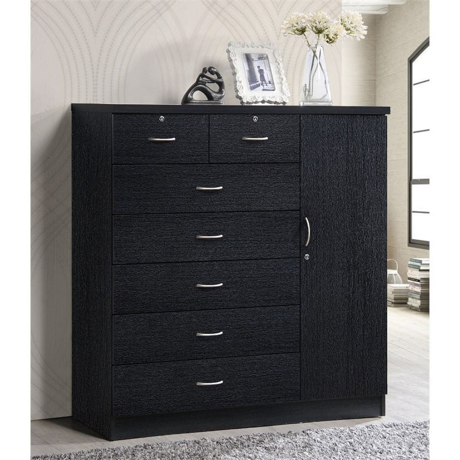 Hodedah Tall Wooden 7 Drawer 1 Door Bedroom Dresser, Black