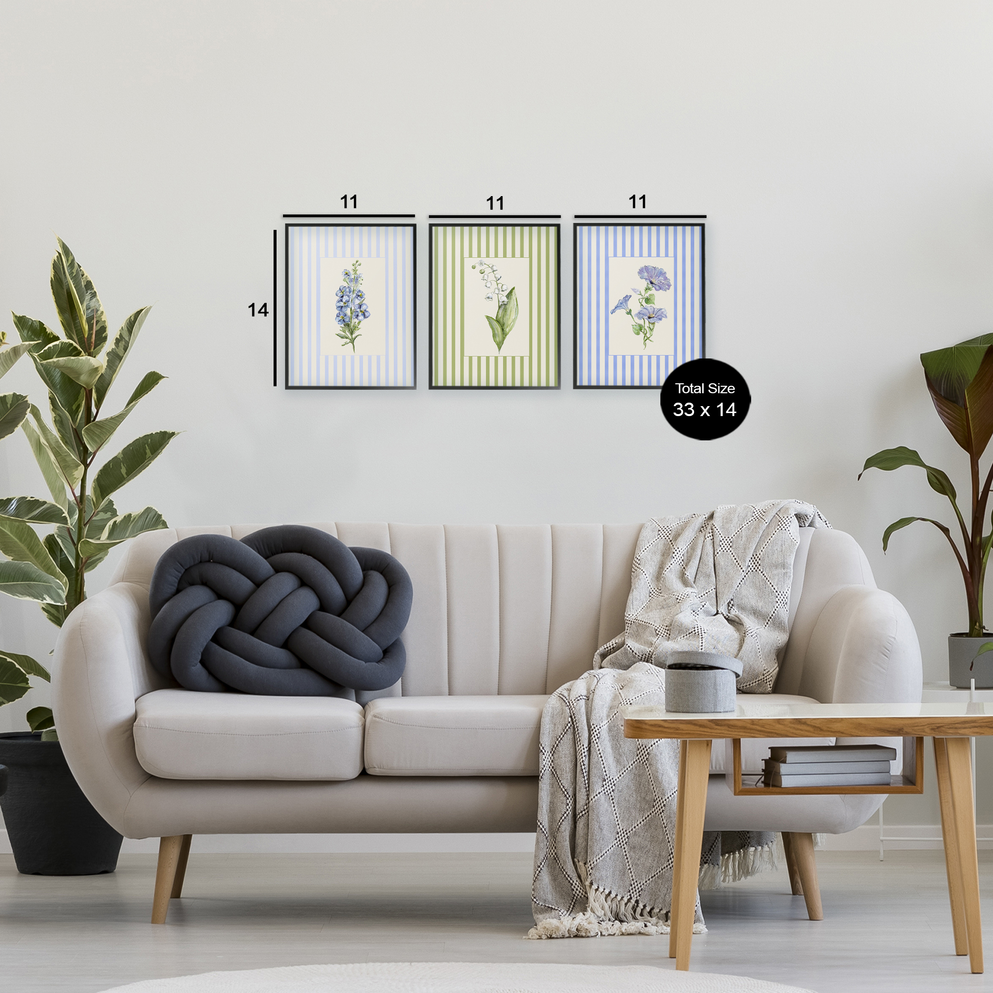 Soft Stripe Cottage Blooms 3 Piece Black Framed Giclee Art Set, design by Lisa Wehmeyer
