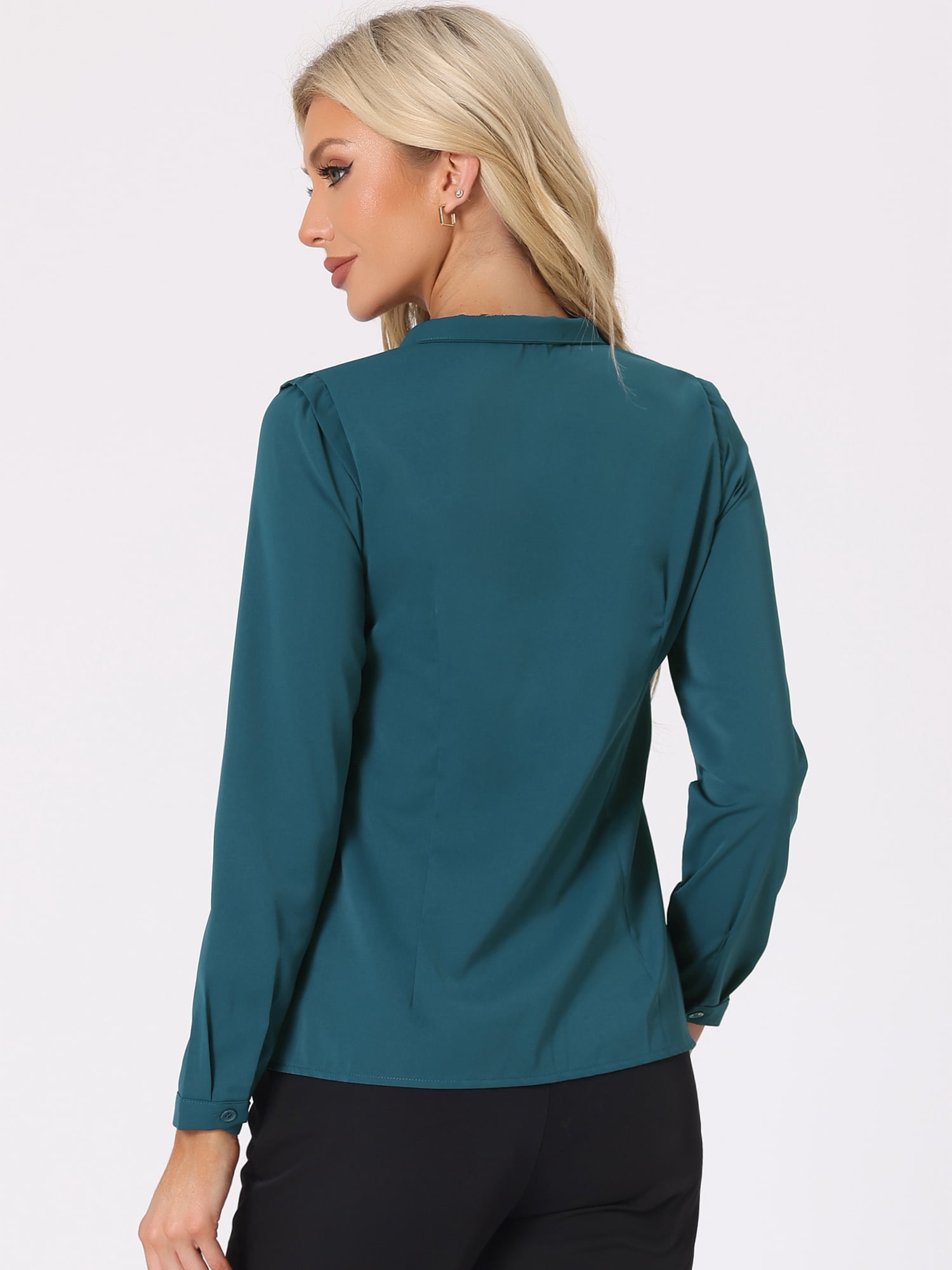DARING DIVA Women's Elegant V Neck Long Sleeves Button Down Shirt XS Peacock Blue