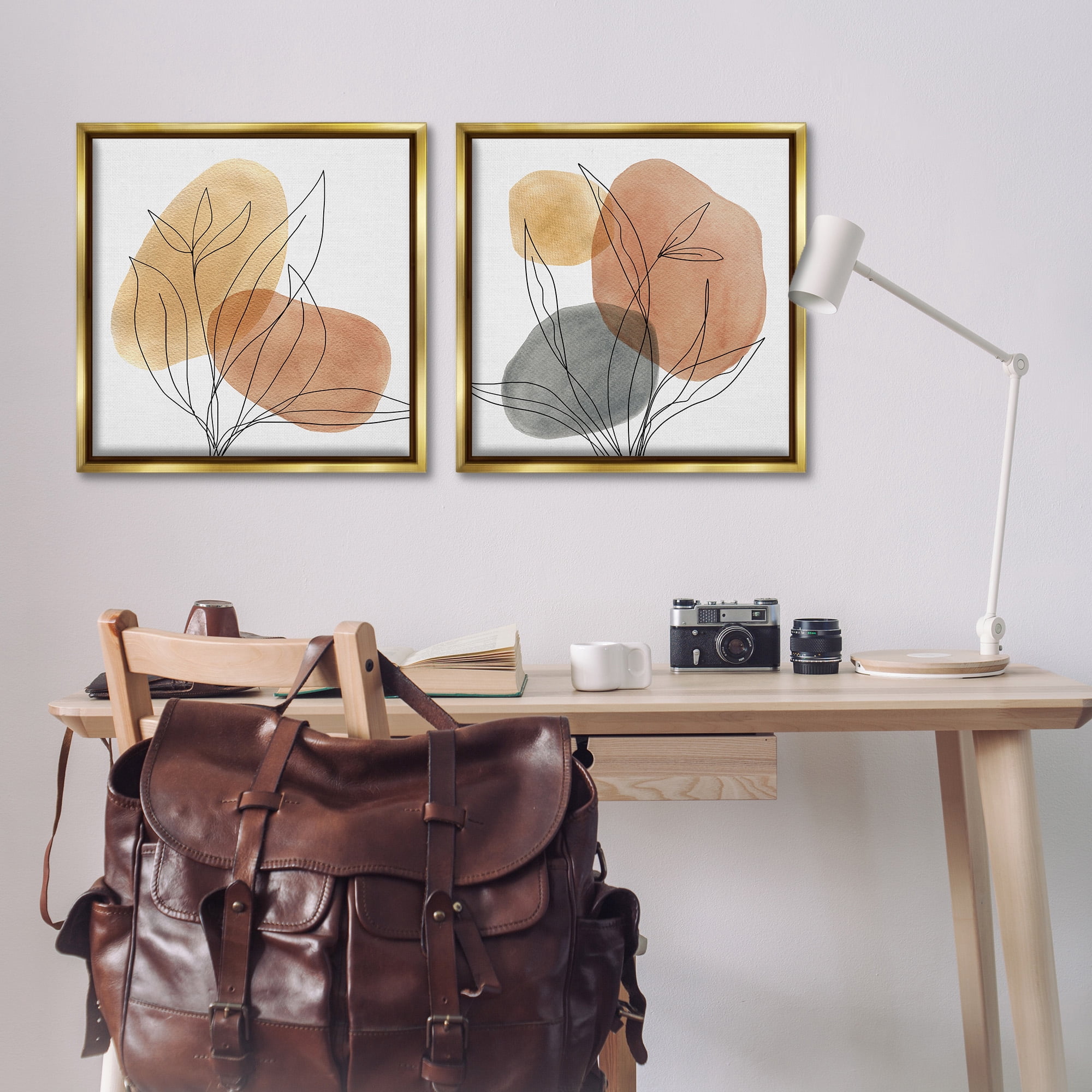 Stupell Industries Simple Neutral Southwestern Botanicals Abstract Painting Gold Floater Framed Canvas Art Print Wall Art, 25 x 25, Set of 2