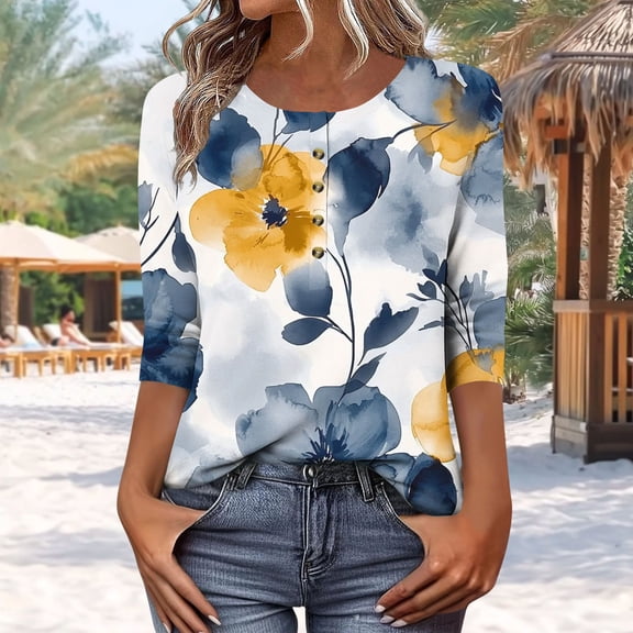 LiMoi Summer Tops for Teens Womens 3/4 Sleeve Cotton T Shirts Oversized Tshirts for Women Plus Size Western Printed Tshirts items ordered by me