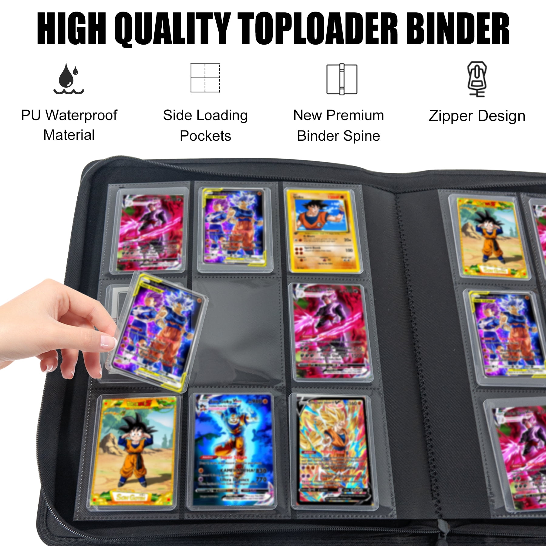 toploader binder for pokemon cards Dragon Ball Cards,Holds 288 Toploaders,9-Pocket Ringless Double-Sided Pockets for Dragon Ball Cards,Waterproof Top Loader Card Storage for Anime With a capacity of up to 96 toploaded cards (8 per page HICE 4 Pocket Toploader Binder