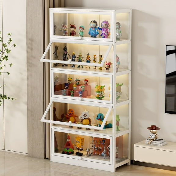 BALANBO Modern 5-Tier Display Cabinet with Glass Doors, Floor Standing Showcase Storage for Home Office