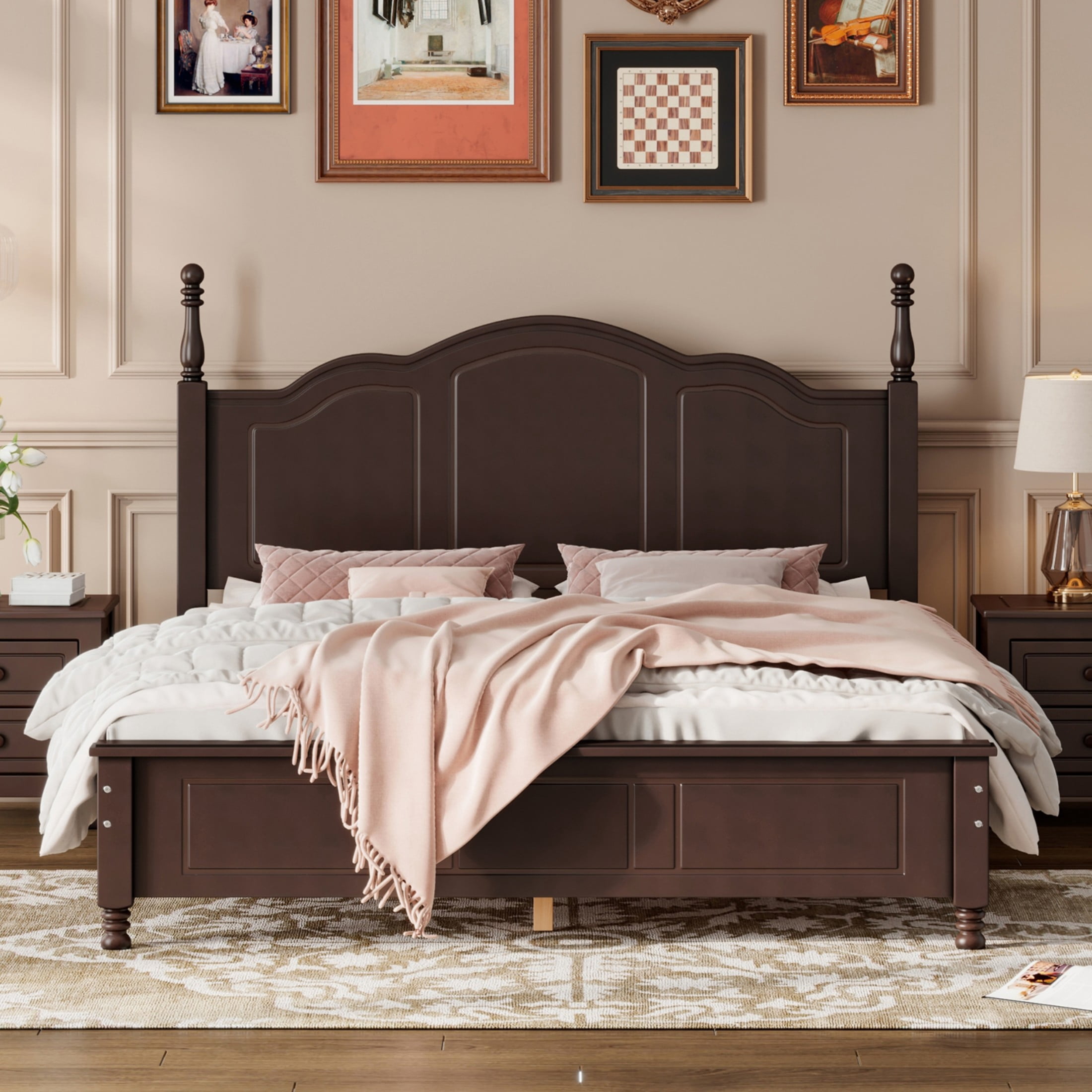Noble House Queen Size Platform Bed with Retro Wave Headboard, Wooden Slat Support, Walnut