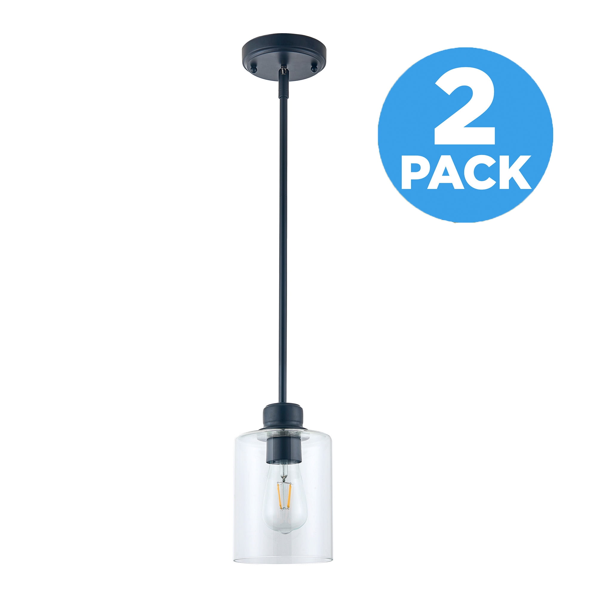 Matte Black Haddie 1-Light Mini Pendant, Dimmable with Clear Glass Shade, Sloped Ceiling Compatible, 2-Pack