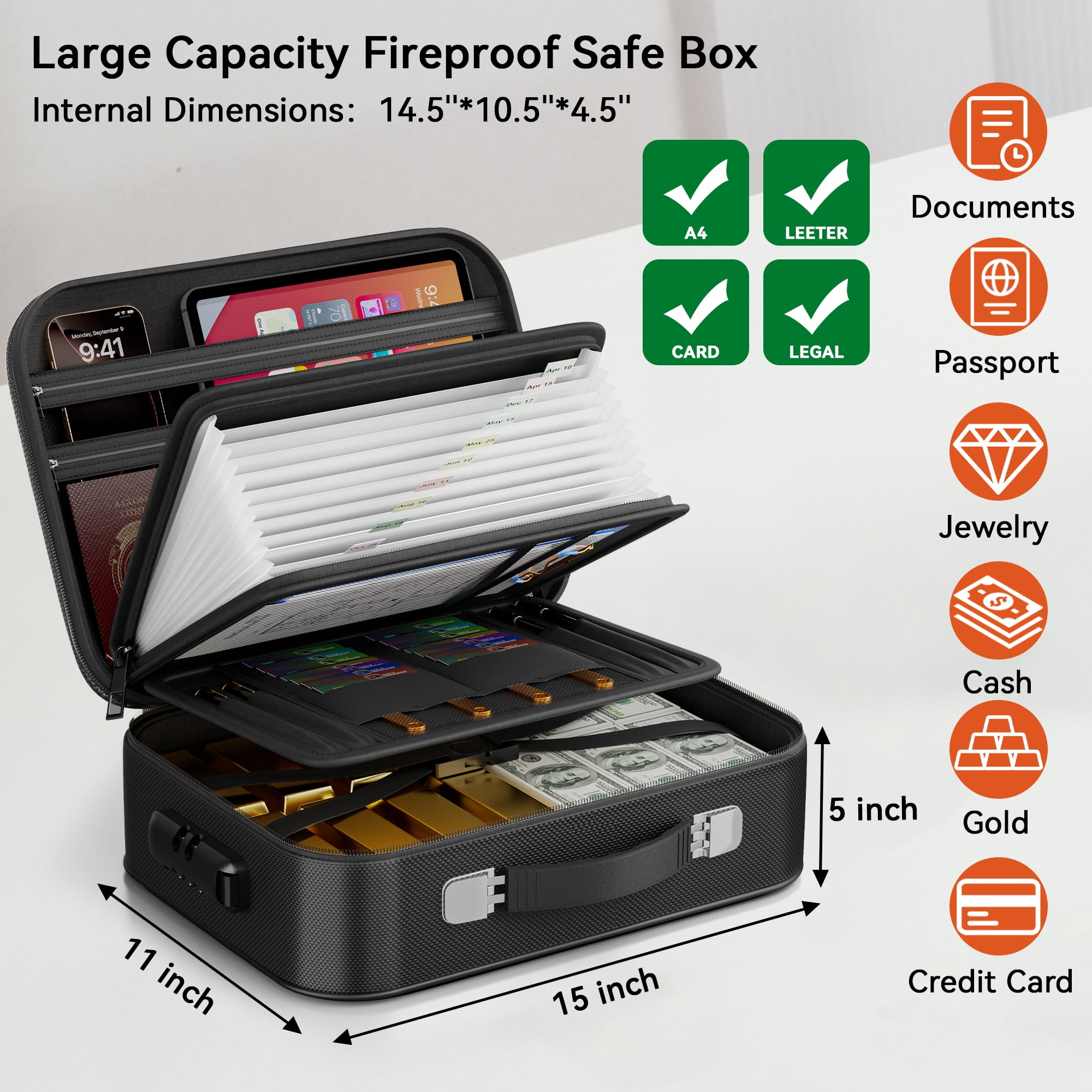 Gijjgole Fireproof Document Box, Hard Case Fireproof Box with Lock, Portable Hard-Shell Fireproof Water Resistant Document Safe Box for Important Documents, Laptops, Passports, Files and More