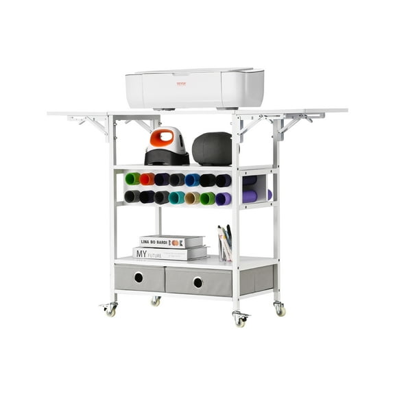 VEVOR Rolling Craft Cart and Storage Table, Compatible with Cricut Machines, Collapsible Cricut Table with Foldable Sides, Craft Rolling Storage Organizer with 14 Vinyl Roll Holders and 2 Drawers
