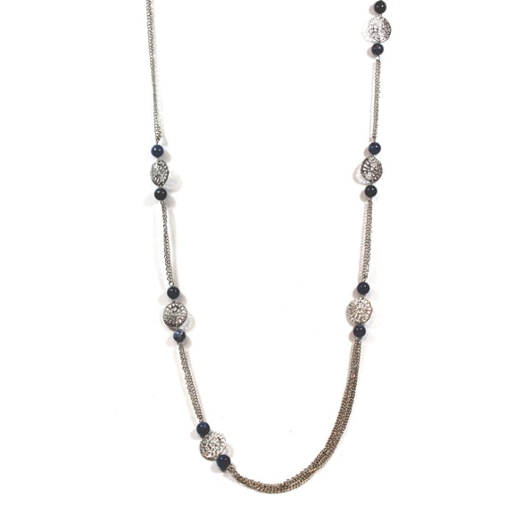 Long Genuine Sodalite and Crystal Station Necklace - Celestial Blue Natural Stone Chain Jewelry Necklace Silver