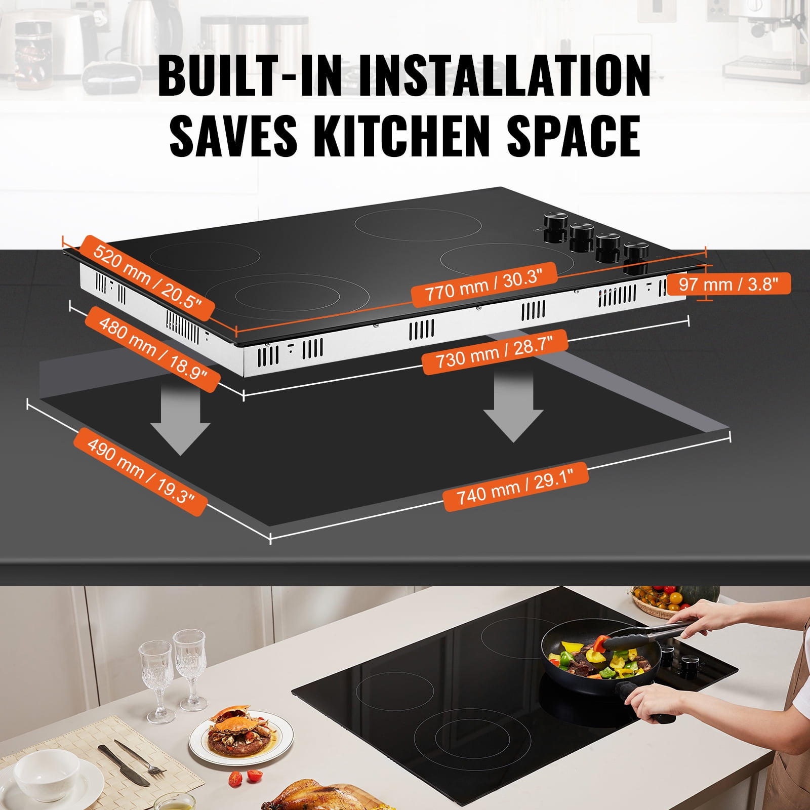 KFFKFF Electric Range, 30" with 4 Elements, Inset 7200W Ceramic Cooktop, Glass Surface, Dial Adjustments, 11 Temperature Settings, 220-240V, Direct Wiring Required