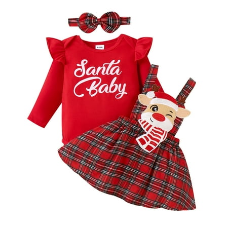 

Baby Girls 3 Piece Outfits Red Long Sleeve Letter Print Romper Plaid Suspender Skirt Headband Set