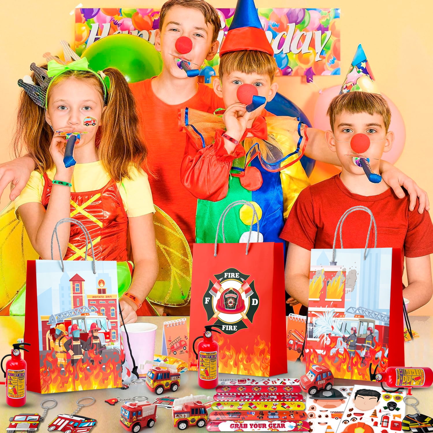 72pcs Firefighter Birthday Party Favors,Fire Truck Party Favors Set- Firefighter Party Stickers Slap Bracelets Keychains etc Firefighter Themed Party Favors for Firefighter Party Decorations Supplies