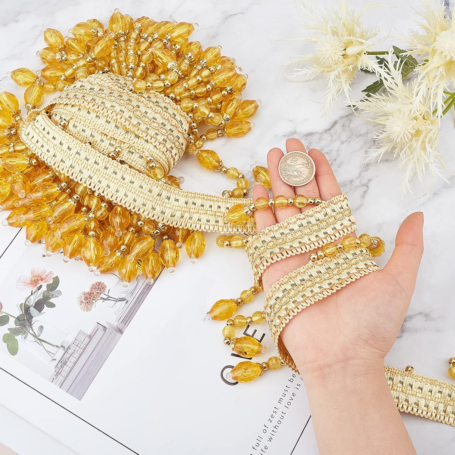 6m Hanging Beads Tassel Trim Fringe Fabric Ribbon Trimming Trim (Gold)