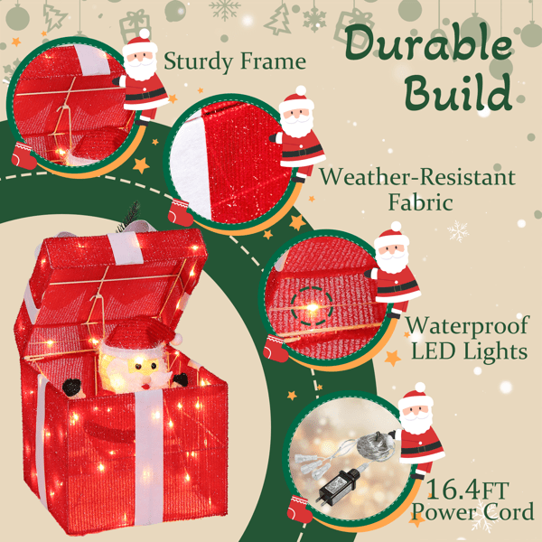 Christmas Lighted Gift Box Decoration, 60 Warm White LED Lights, Weather-Resistant Metal & Waterproof Fabric, Easy Setup for Home, Yard, Patio