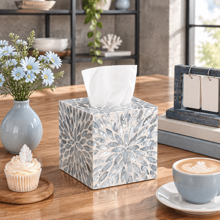 Blue Pattern Square Ceramic Tissue Box Cover, 5.9 Inch Cube Decorative ...