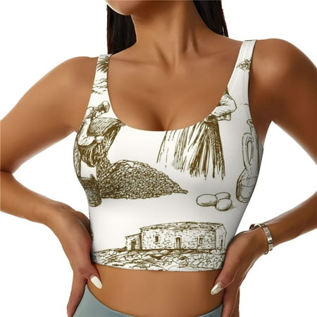 Adobk Olive Picking Print Sports Bras for Women Longline Workout Crop Tank Tops Padded with Built in Shelf Padded Sports Bra-Small