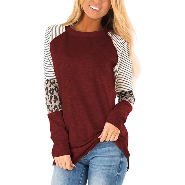 Womens Color Block Long Sleeve Leopard Print Tops Round Neck Striped Loose Casual Shirts Tunic Tops