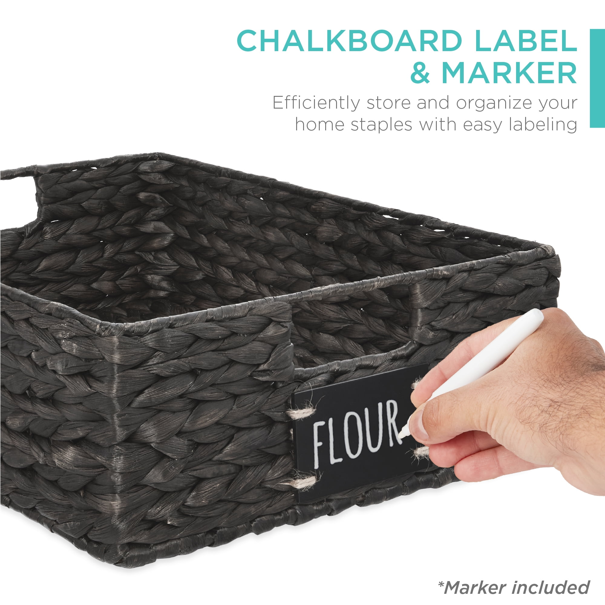 Best Choice Products Set of 4 16x12in Woven Water Hyacinth Pantry Baskets w/ Chalkboard Label, Chalk Marker - Black