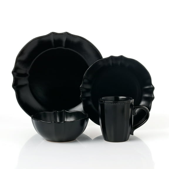 Lorren Home Trends 16 Piece Scalloped Edge Black Stoneware Dinnerware