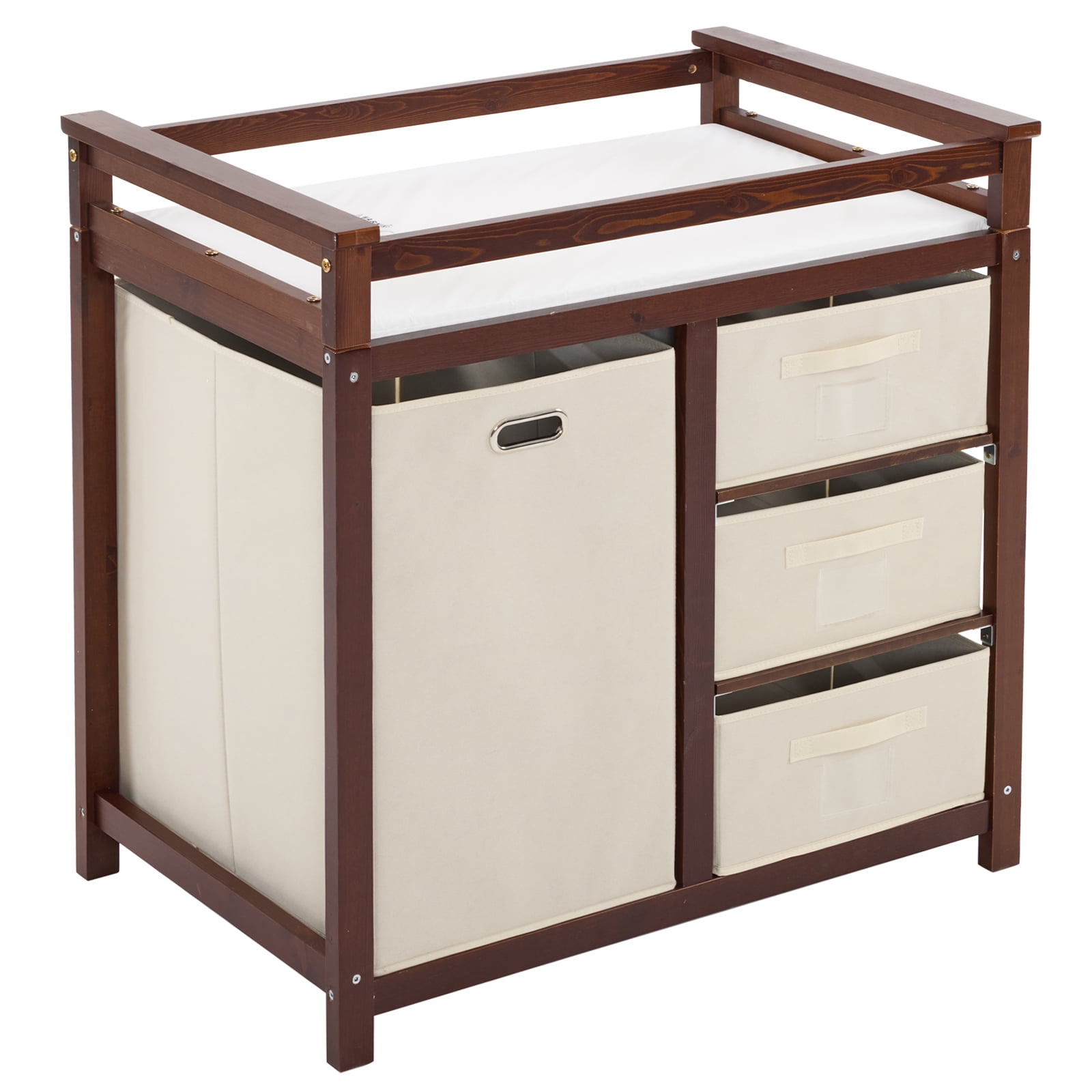 Zimtown Baby Changing Table,Dresser Baby Diaper Changing Station with Laundry Hamper,Infant Nursing Table with 3 Storage Drawers,Removable Safety Rail & Strap for Bedroom,Brown