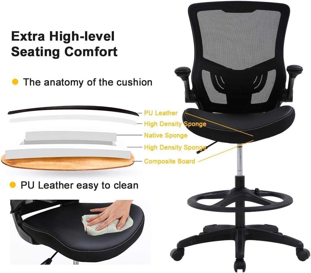 PayLessHere Ergonomic Tall Office Chair ，Adjustable Height Mesh Desk Chair Drafting Stool，Black