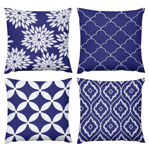 AEOI Set of 4 Navy Blue White Outdoor Throw Pillow Covers, Dahlia Floral & Geometric Moroccan Pattern Decorative Cushion Cases 16x16 Inch, Water Resistant Patio Sofa Couch Pillow Covers, No Insert