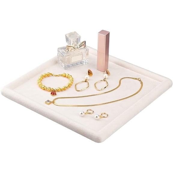 1 pc Velvet Jewelry Tray 9.8inch Square Jewelry Storage Tray Necklaces Bracelets Rings Showcase Nightstand Wood Organizer with Velvet Covered Jewelry Display for Selling Retail Shop Beige