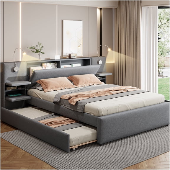 JERFIT Queen Size Storage Bed with Trundle, Linen Upholstered Platform Bed Frame with Reading Lights, Shelves and Drawers, Gray