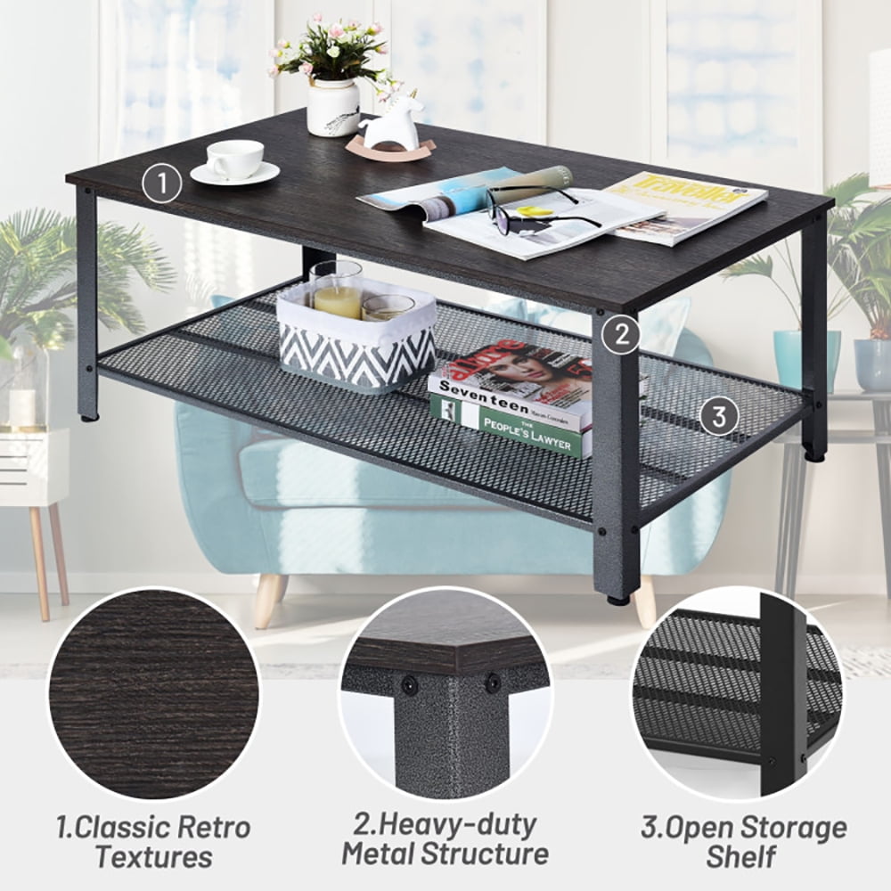 Finihen Wooden Coffee Table, Metal Frame Wood Coffee Table Console Table with Storage Shelf, for Living Room, Reception Room, Office, Black