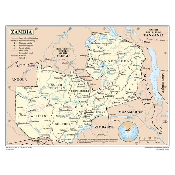 Palmetto Posters 24x31 Laminated Poster: Large detailed political and administrative map of zambia with roads railroads cities and airports