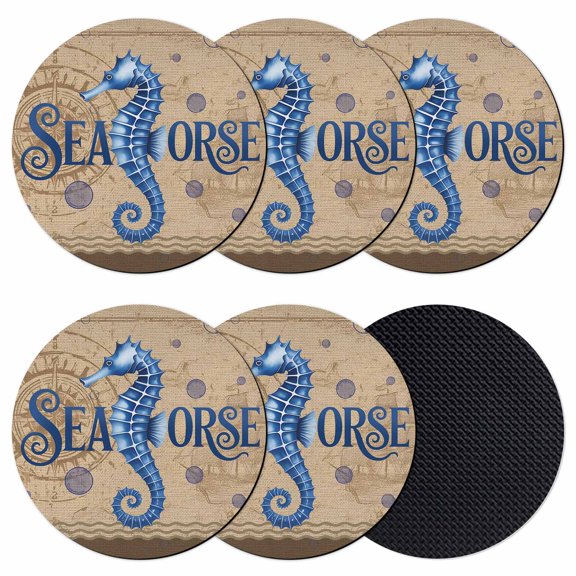 Vintage Seahorse Coasters Set of 6, Absorbent Coasters for Drinks, Brown Nautical Anchor Bubbles Coastal Coaster for Desk Coffee Table Protection, Home Decor House Warming Gifts 4"