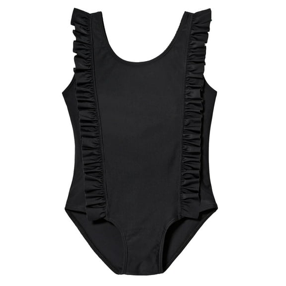 Girls UPF 50 One-Piece Ruffle Front Swimsuit | Black