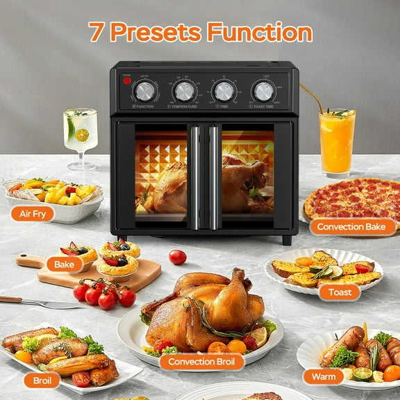 PlumChef 26QT Black Air Fryer Toaster Oven - 1700W 7-in-1 Multi-Function Stainless Steel