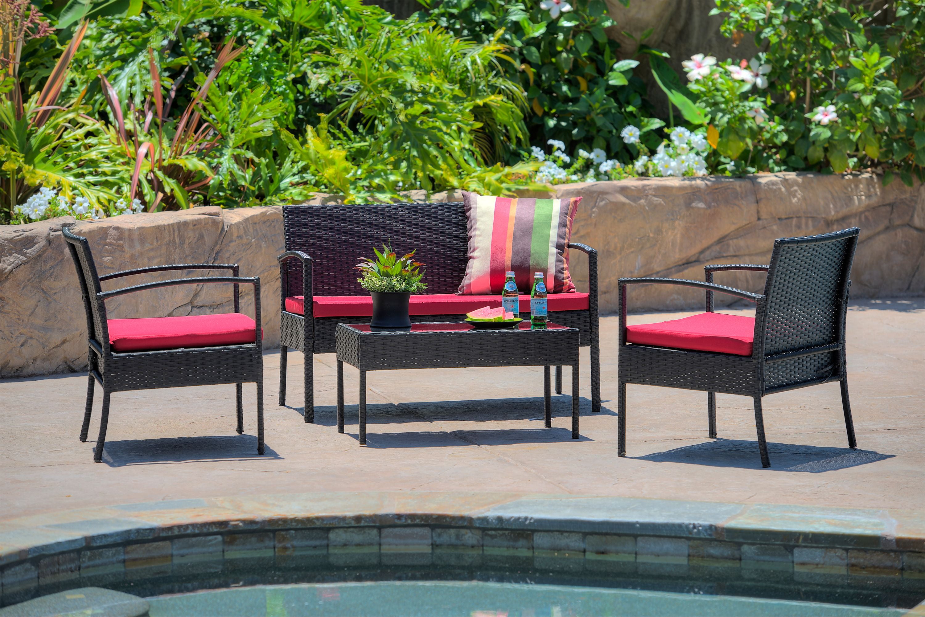 Incadozo 4 Piece All Weather Wicker Patio Seating Set With Red Cushion Black Walmart Com Walmart Com
