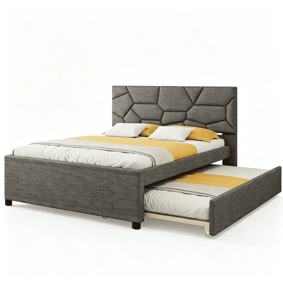 Gray Linen Upholstered Queen Platform Bed with Brick Headboard and Twin XL Trundle