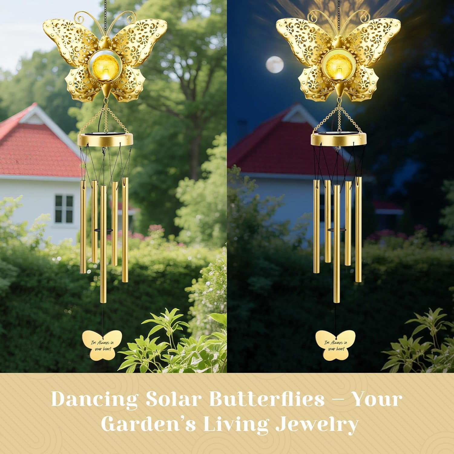 JYPS Butterfly Solar Wind Chimes with Crackle Glass Ball, 42-Inch Large Waterproof Outdoor Garden Decor for Patio Yard, Unique Gifts for Women Mom Grandma, Mother's Day Birthday Easy-Install Design