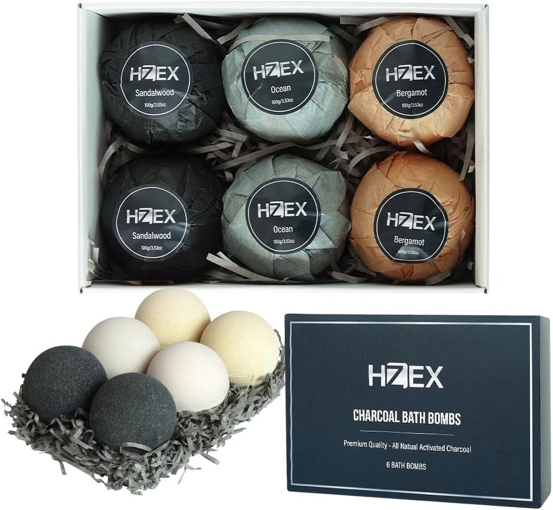 Bath Bombs, HZEX Luxury Charcoal 6 Large Natural Bathbomb Fizzes for Men Women, Organic Bath Bomb with Essential Oils and Shea Butter, Stress Relief and Relaxation, Detox with Charcoal Bathbombs