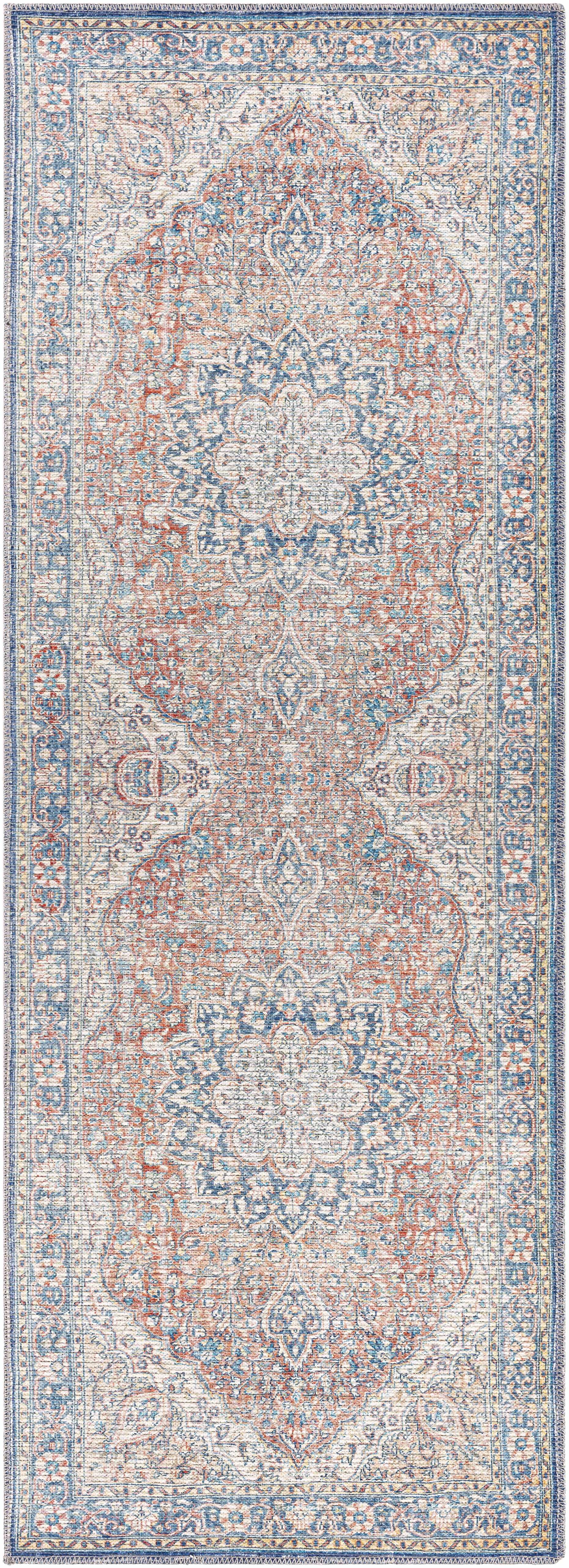 Hauteloom Wacousta Machine Washable Hallway Kitchen Runner Rug - Oriental Traditional Medallion - Bohemian Vintage Distressed Long Carpet - Brick Red, Blue, Yellow - 2'7" x 10'