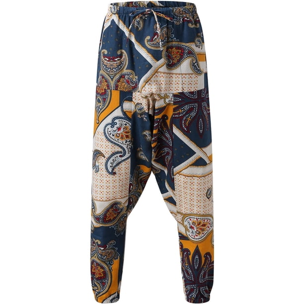 Pantalones de harén hippie para hombre, de lino, casuales, sueltos, con cordón, bohemio, gitano, Aladdin, playa, yoga, entrepierna, pantalones 032-beige XL 032-beige XL Xishao ropa