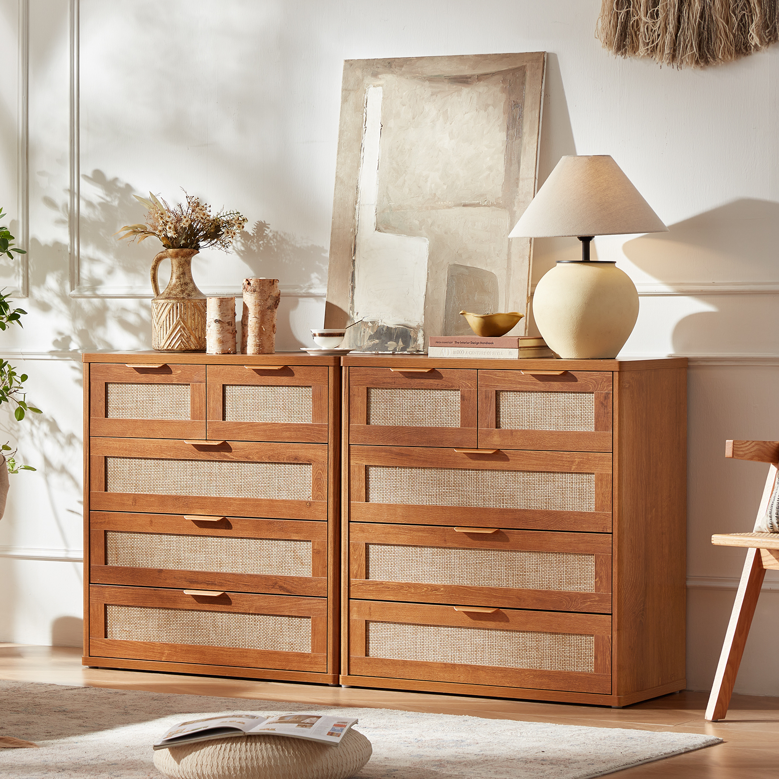 2 Pcs Rattan Drawer Dresser for Bedroom, Tea Brown Wooden Chest of Drawers, Modern 5 Drawer Chest Storage Dresser for Closet, Living Room, Hallway